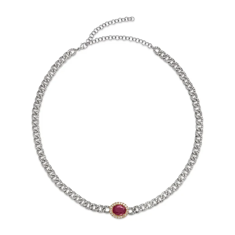 Ruby & Diamond Oval Halo Chain link Collar Necklace in 14K Yellow & White Gold, 14-18