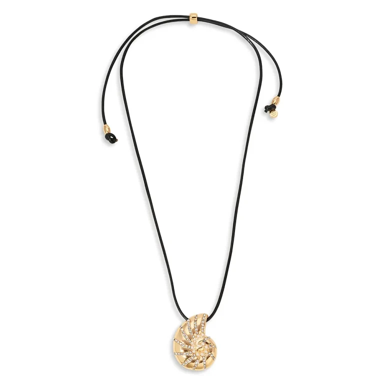 Ettika Pave & Imitation Pearl Swirled Shell Black Cord Adjustable Pendant Necklace in 18K Gold Plated, 26