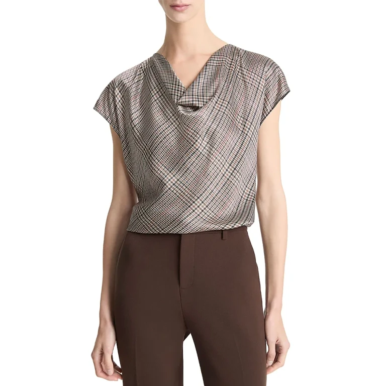 Vince Pressed Plaid Cowlneck Silk Top