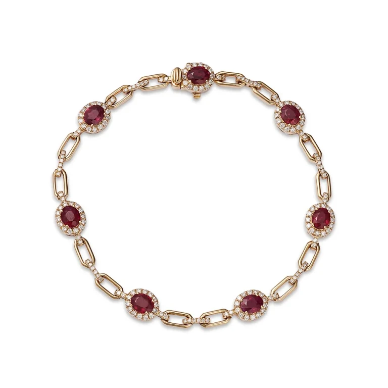 Ruby & Diamond Halo Link Bracelet in 14K Yellow Gold