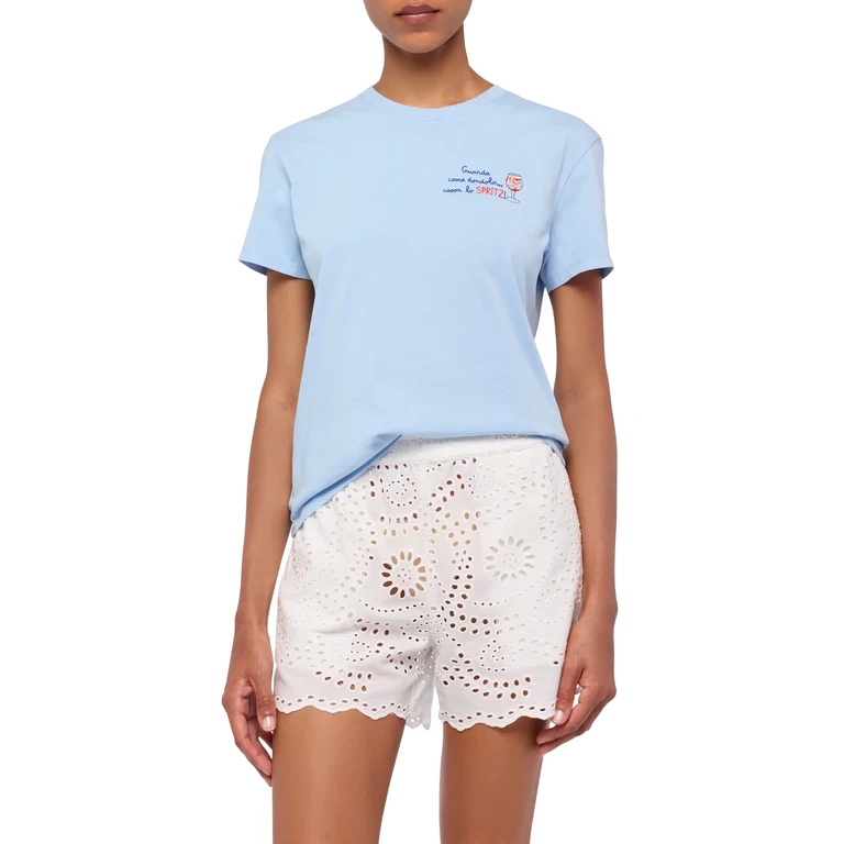 Mc2 Saint Barth Emilie Cotton T-Shirt With Guarda Come Dondolo Con Lo Spritz Embroidery Blue - Women