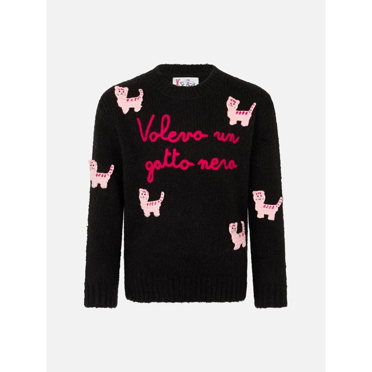 Mc2 Saint Barth Girl Crewneck Soft Sweater With Cats Crochet Patch And Volevo Un Gatto Nero Embroidery Black
