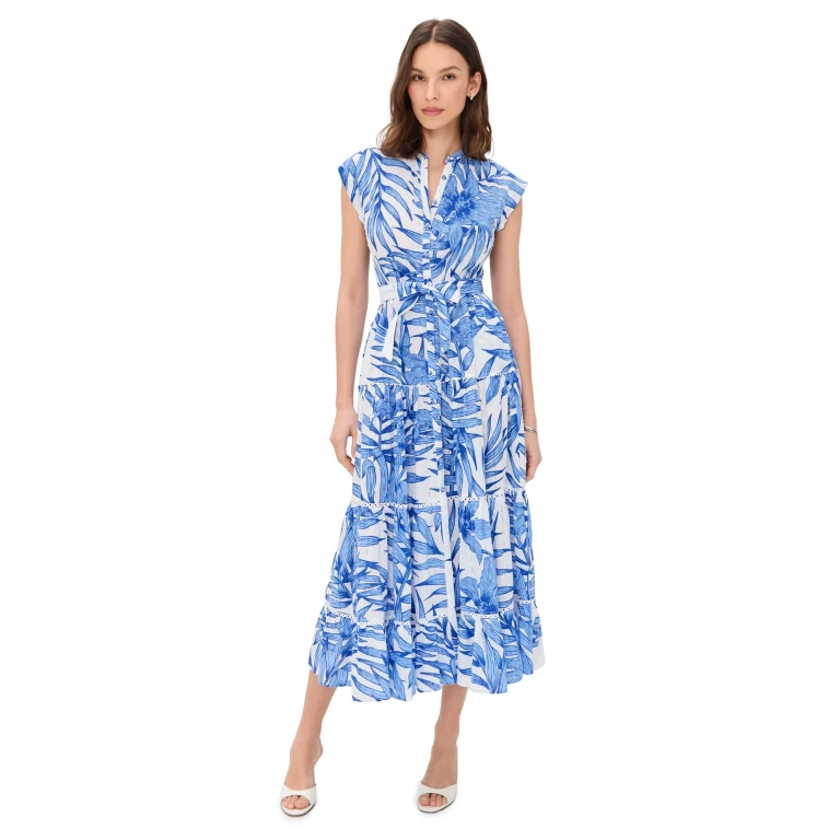 Poupette St Barth Tiered Palm Dress Blue Palm Leaf XS