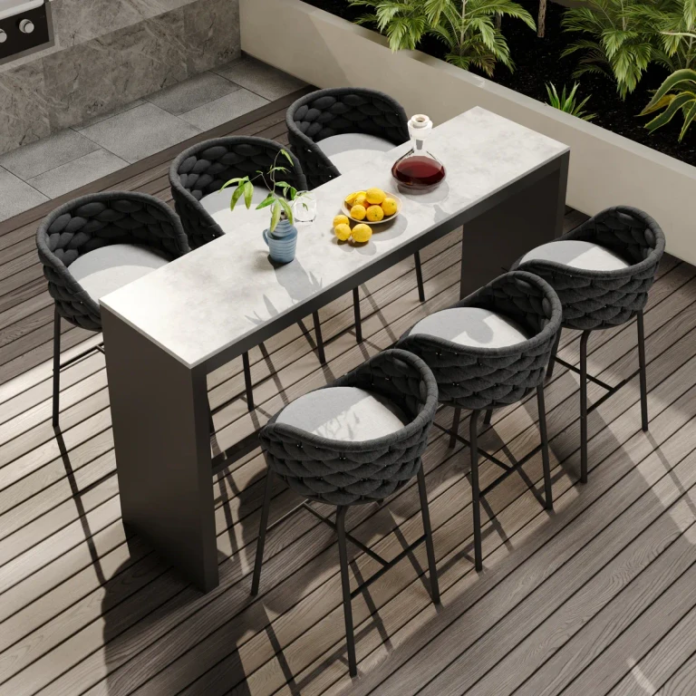 7-Piece Outdoor Sintered Stone & Aluminum Bar Dining Set with 6 Bar Stools in Light Gray