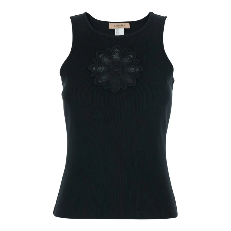 TwinSet Sleeveless Top With Tone-on-tone Floral Embroidery On The Front In Black Cotton For Women