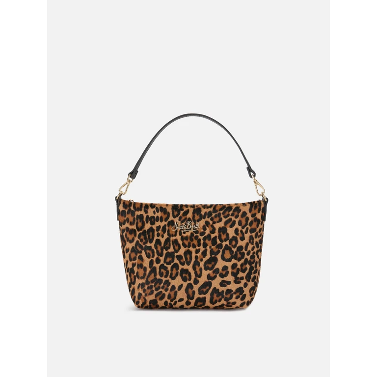 Mc2 Saint Barth Aline Bag Leopard Print Pony Hair With Metal Logo Plaque Brown - Unisex