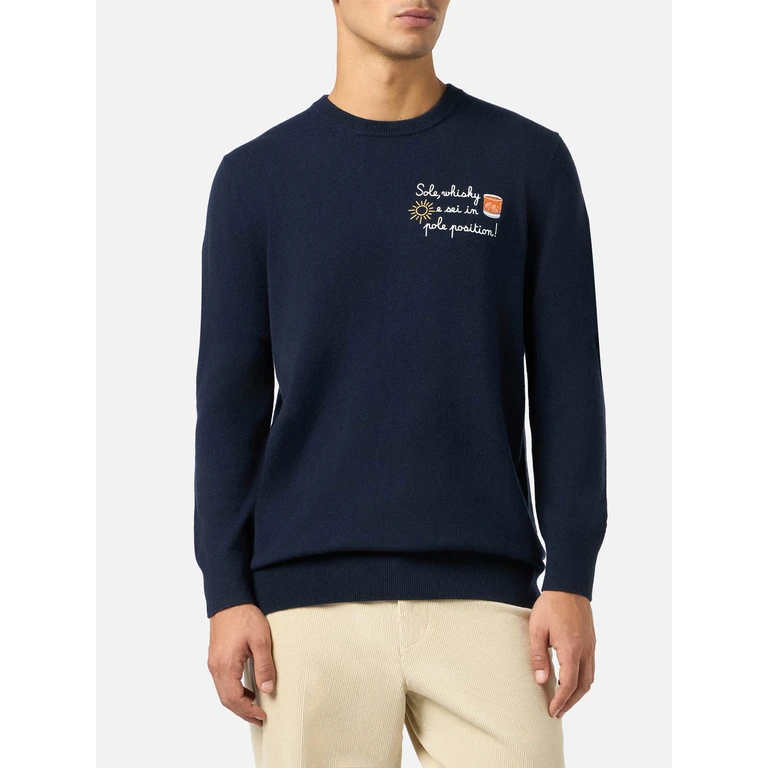 Mc2 Saint Barth Crewneck Sweater Heron Light With Sole, Whisky Embroidery Vacanze Di Natale Special Edition Blue - Men