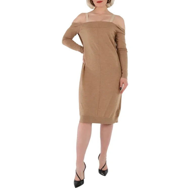 Burberry Ladies Biscuit Bra-Detail Long Sleeve Wool Dress