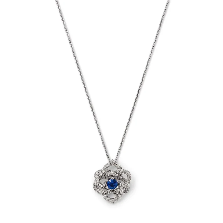 Sapphire & Diamond Flower Pendant Necklace in 14K White Gold, 16