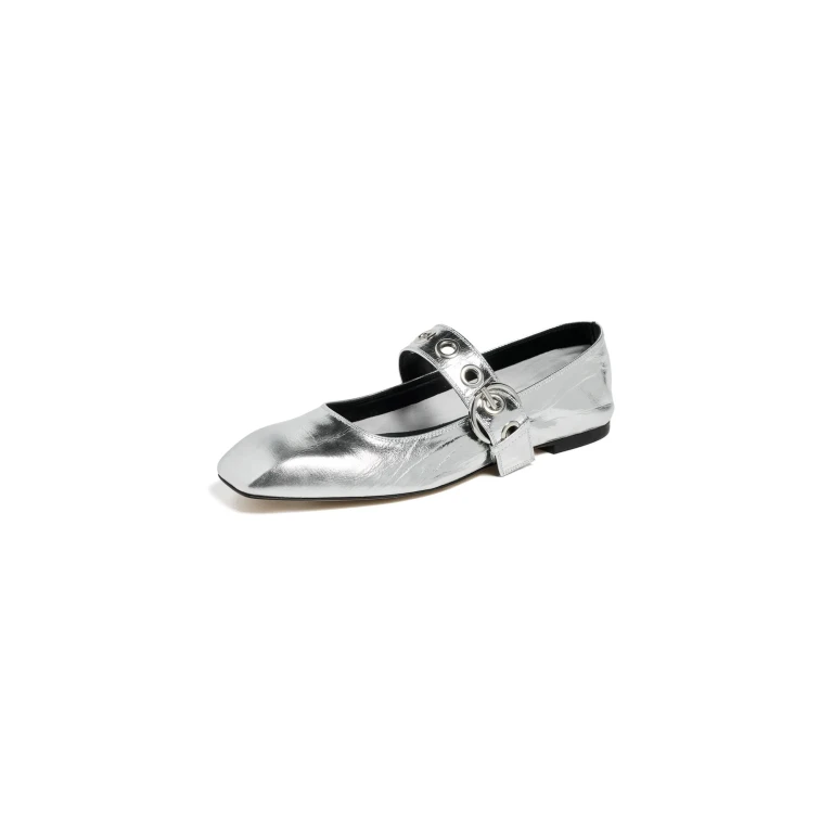 AEYDE Uma Eyelet Crackle Laminated Calf Leather Silver Flats Silver 37.5