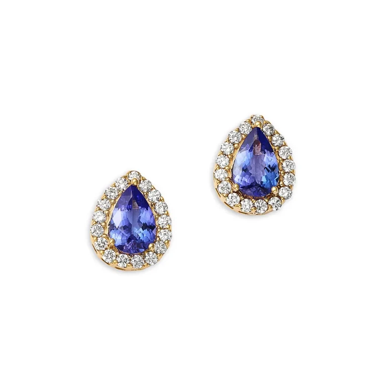 Tanzanite & Diamond Halo Pear Stud Earrings in 14K Yellow Gold