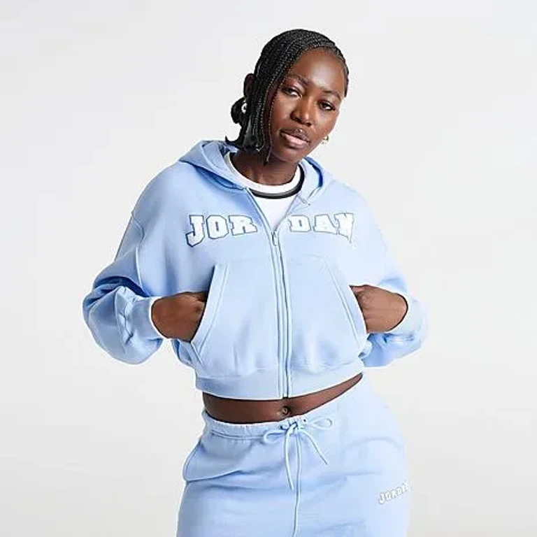 Women's Brooklyn Varsity Cropped Full-Zip Hoodie in Psychic Blue/White Size: XS