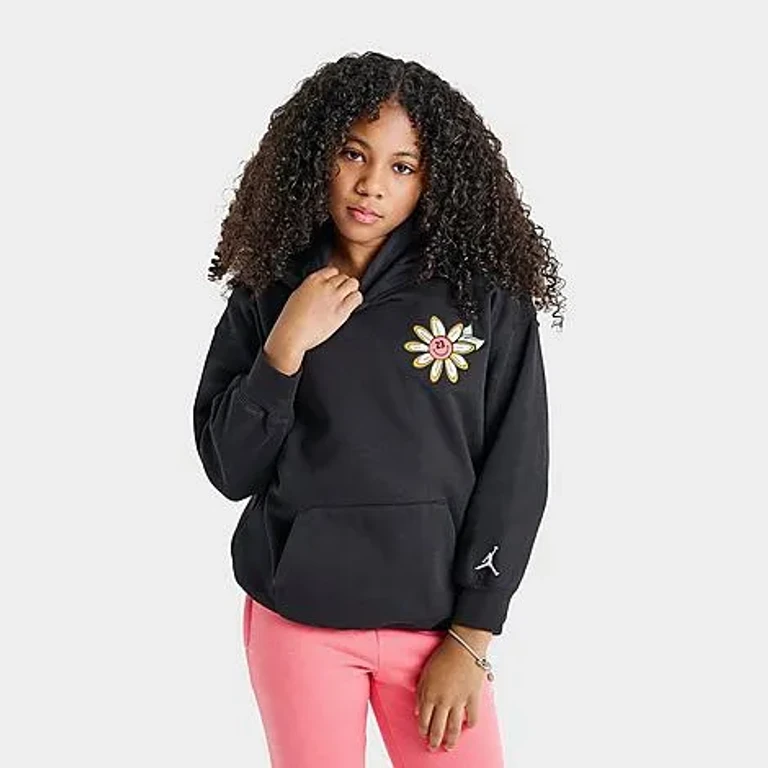 Jordan Girls' Big Kids Floral Flight Pullover Hoodie in Black Size: Small