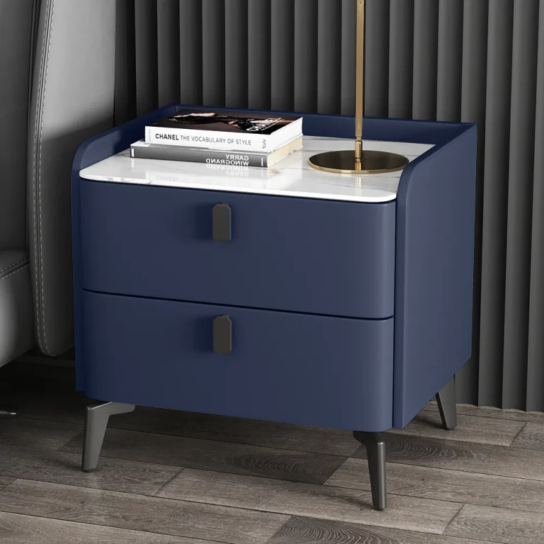 Faux Leather Nightstand with 2 Drawers White Bedside Table with Stone Top