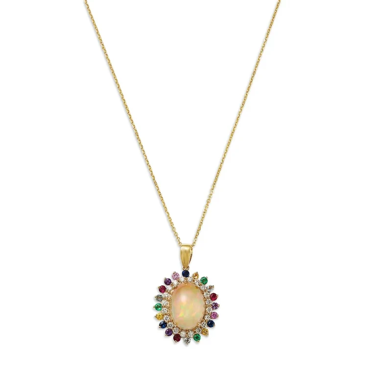 Opal, Multi Gemstone & Diamond Halo Pendant Necklace in 14K Yellow Gold, 16