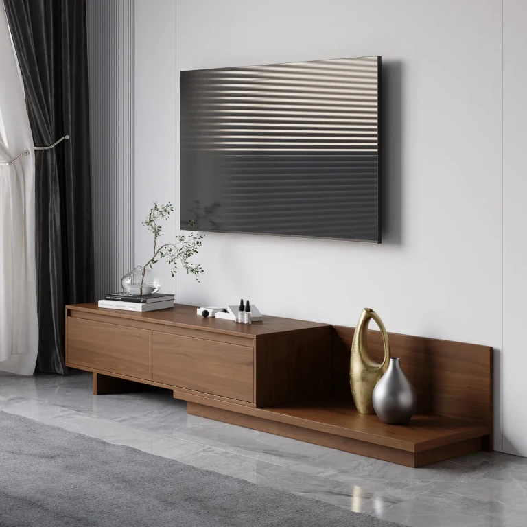Fero Minimalist Retracted & Extendable 3 Drawers TV Stand in Walnut & Gray Up to 120"