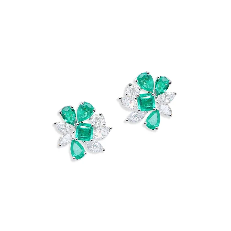 Emerald & Diamond Mixed Cut Cluster Stud Earrings in 18K White Gold