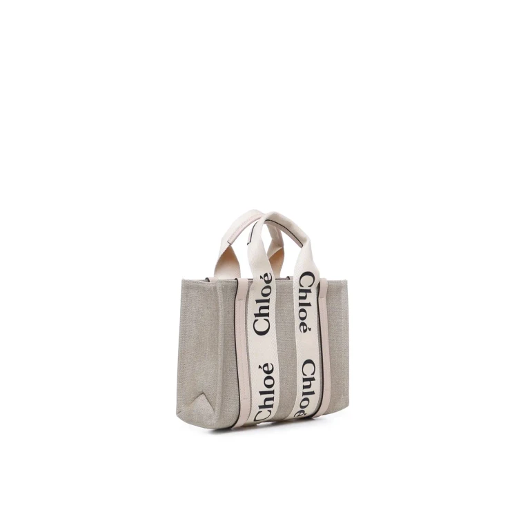Chloé Beige woody Tote Bag With Logoed Ribbons In Linen Canvas For Women