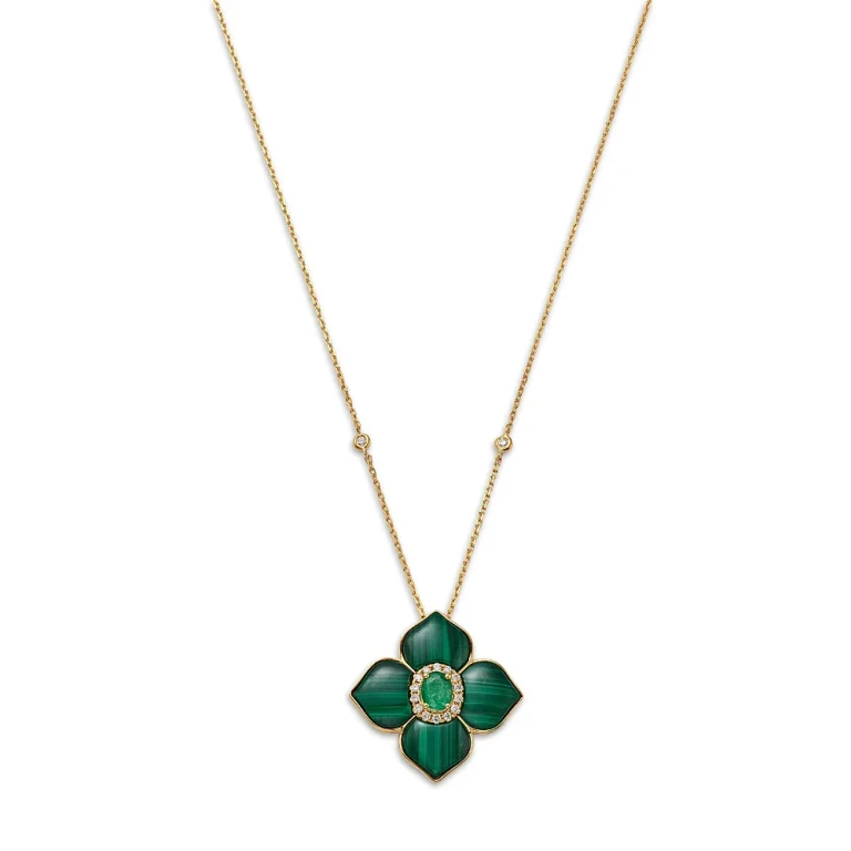 Emerald, Malachite & Diamond Flower Pendant Necklace in 14K Yellow Gold, 18