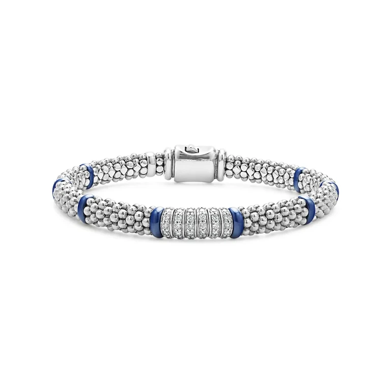 Lagos Six Station Diamond Blue Caviar Bracelet in Sterling Silver