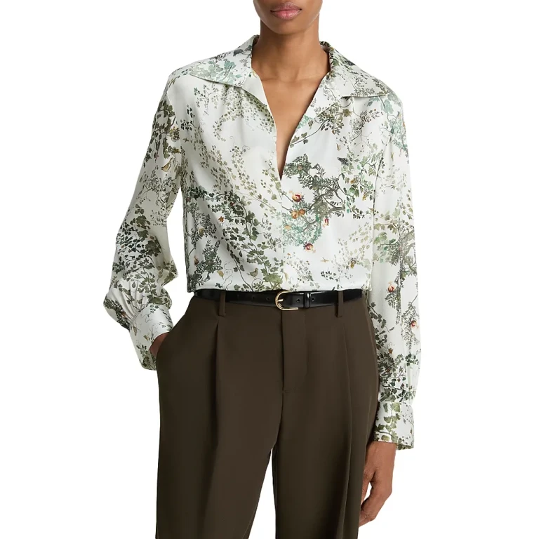 Vince Grape Vine Placed Smocked Silk Blouse