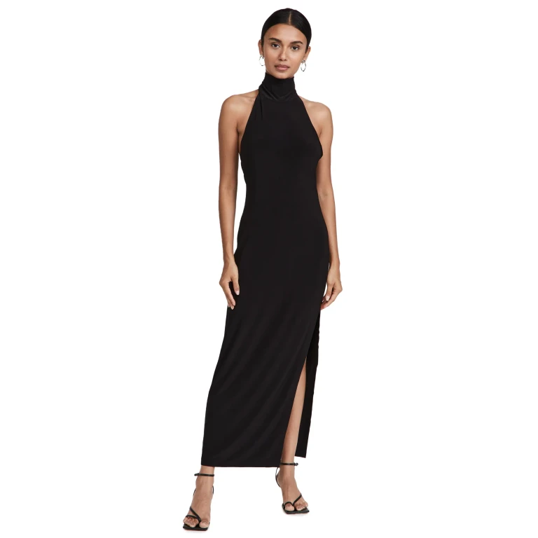 Norma Kamali Halter Turtle Side Slit Gown Black XL
