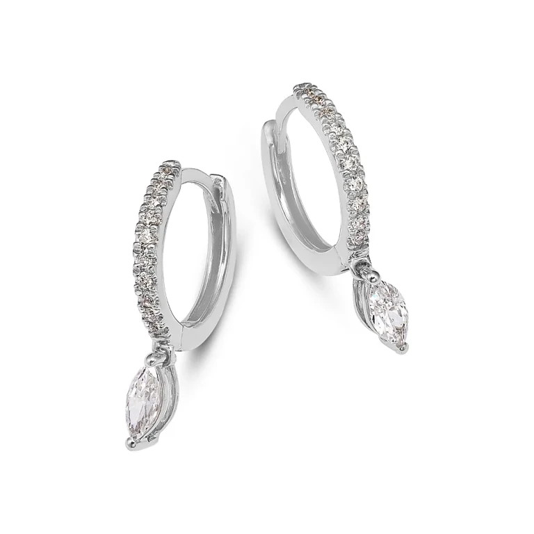 Diamond Marquis & Round Dangle Huggie Hoop Earrings in 14K White Gold, 0.37 tcw