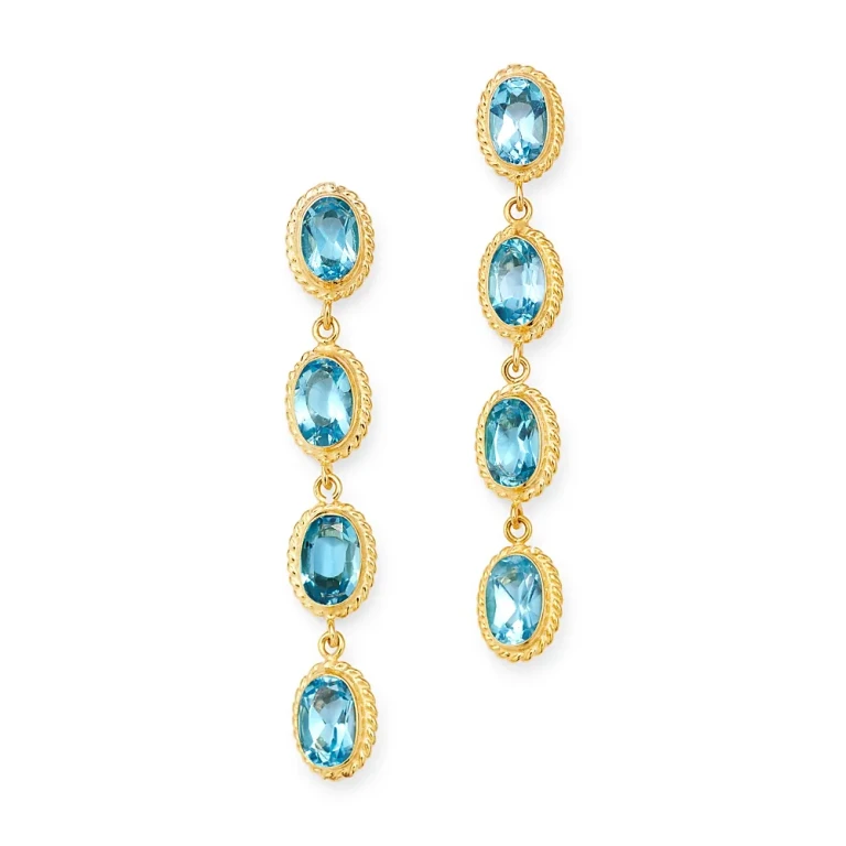 Blue Topaz Oval Bezel Set Drop Earrings in 14K Yellow Gold