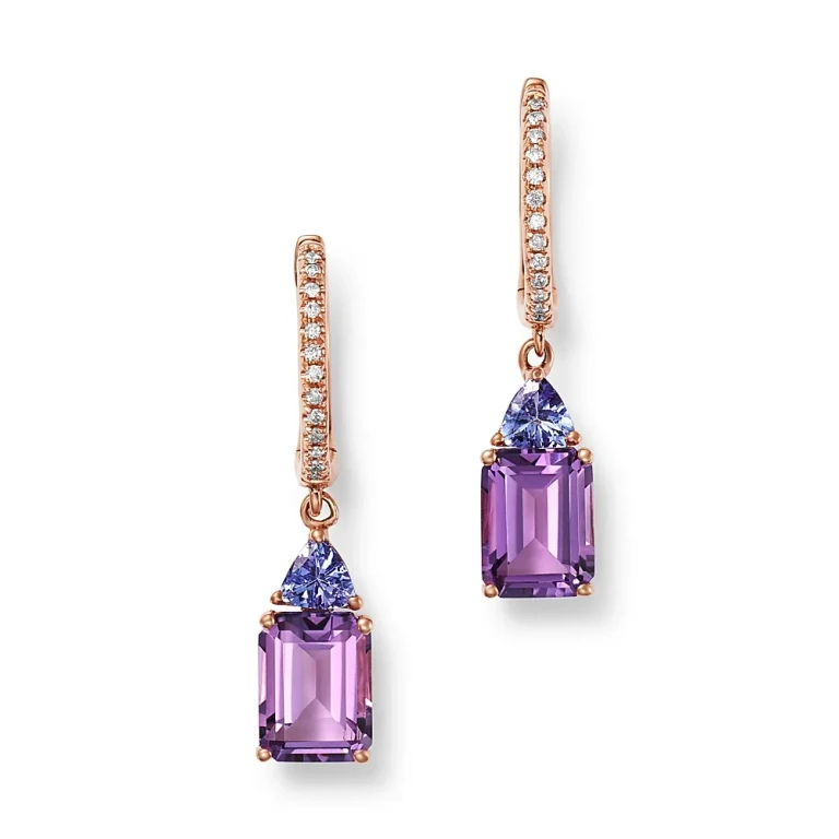 Amethyst, Tanzanite & Diamond Drop Earrings in 14K Rose Gold
