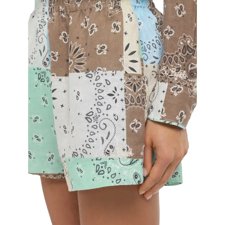 Mc2 Saint Barth Meave Linen Pull Up Shorts With Bandana Patch Print Brown Pant - Women