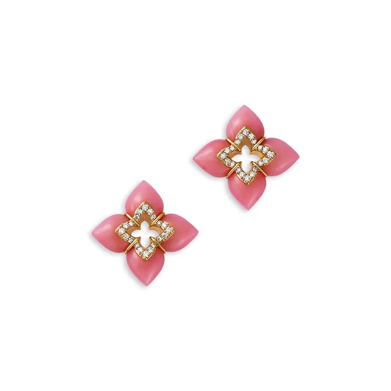 Roberto Coin 18K Yellow Gold Cabachon Pink Opal & Diamond Flower Stud Earrings