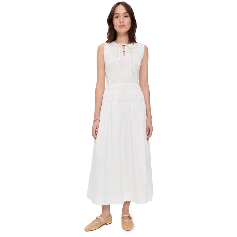 Moon River Smocked Shirred Midi Dress White L