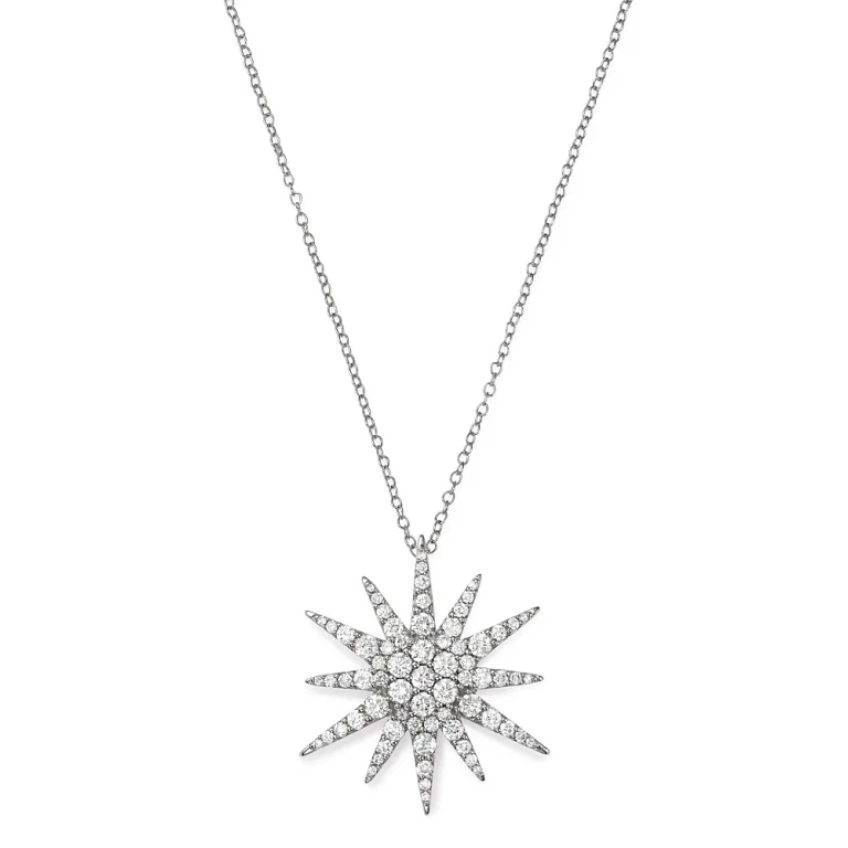 Diamond Starburst Pendant Necklace in 14K White Gold, 1.5 tcw