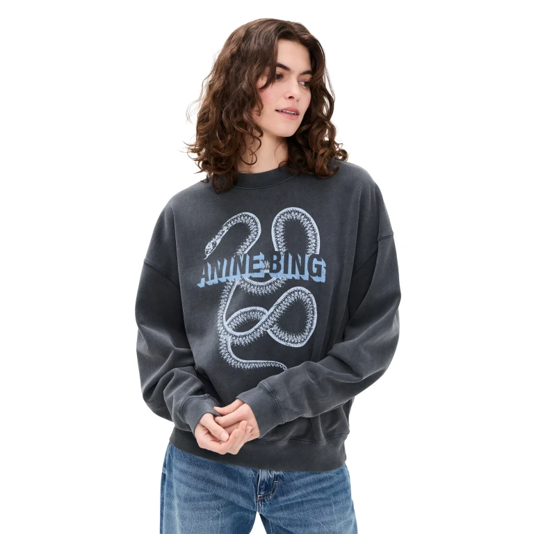 ANINE BING Harvey Crew Snake Sweatshirt Washed Black XS