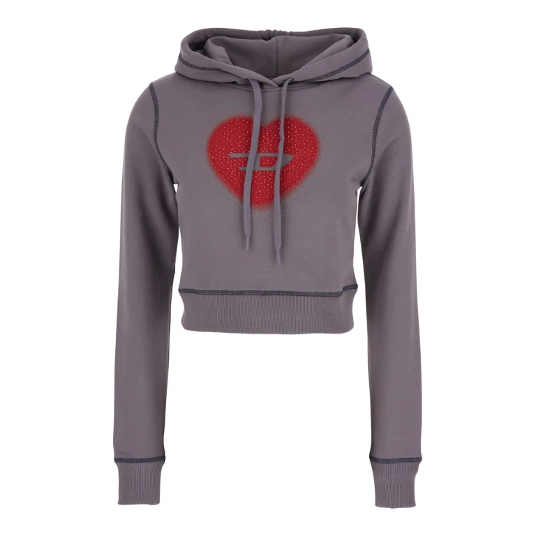 Diesel Gray Crop Hoodie With Drawstring And Rhinestone Heart On The Front In Cotton Woman