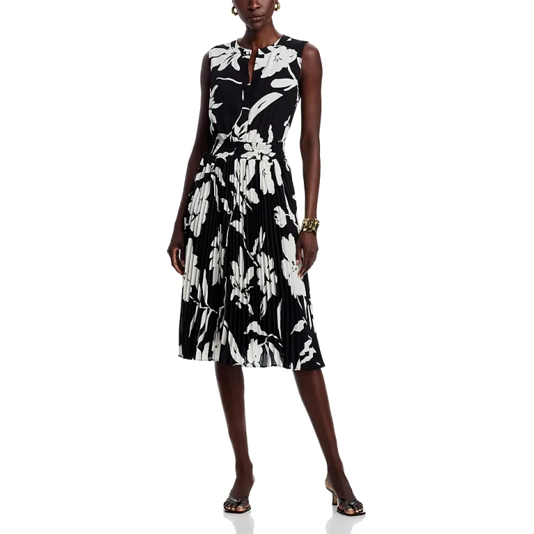 T Tahari Split Neck Floral Print Dress