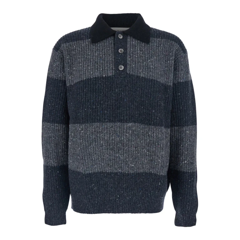Dunst Grey Polo Shirt With Ribbed Design And Striped Motif In Wool Man