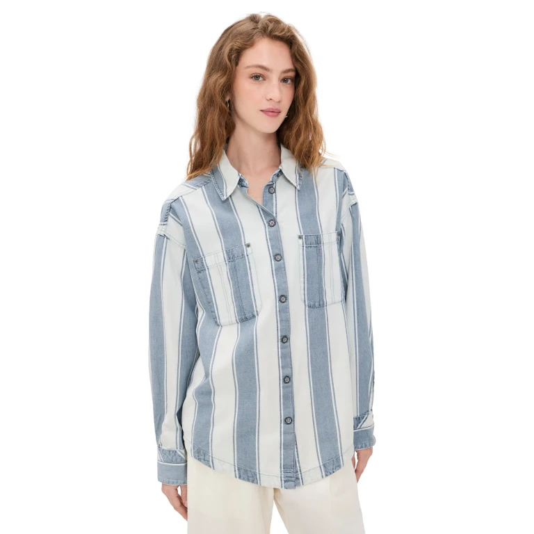 Free People Crossroads Striped Button Down Shirt Indigo Combo XS