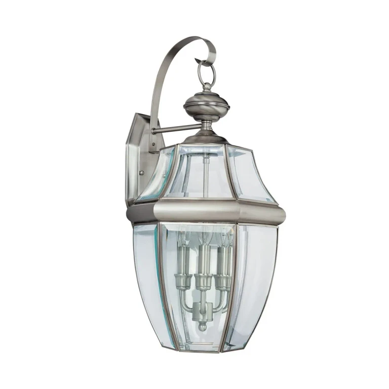 Antique Brushed Nickel Three Light Outdoor Wall Lantern from the Lancaster Collection