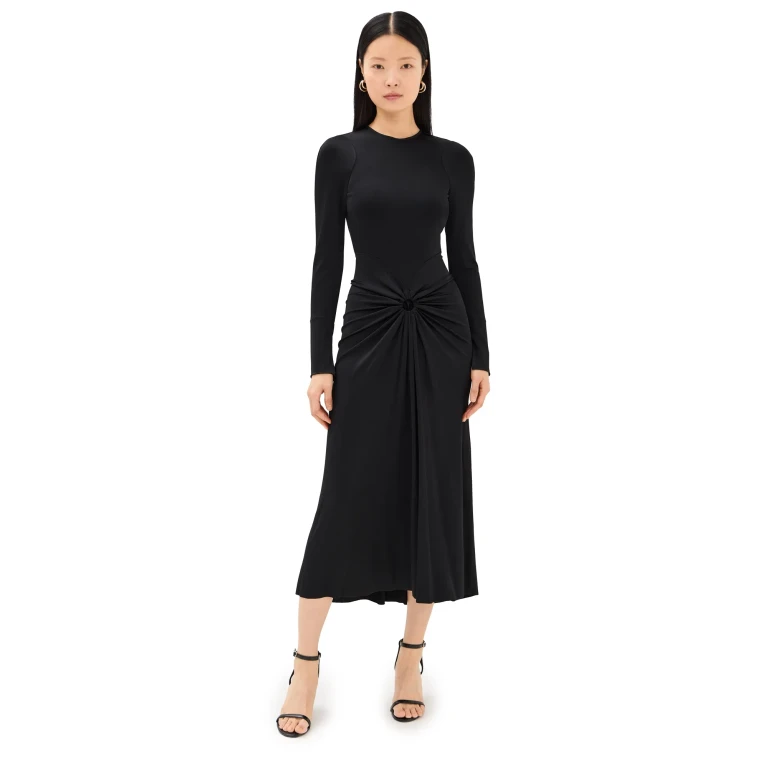 Victoria Beckham Long Sleeve Gathered Midi Dress Black 6