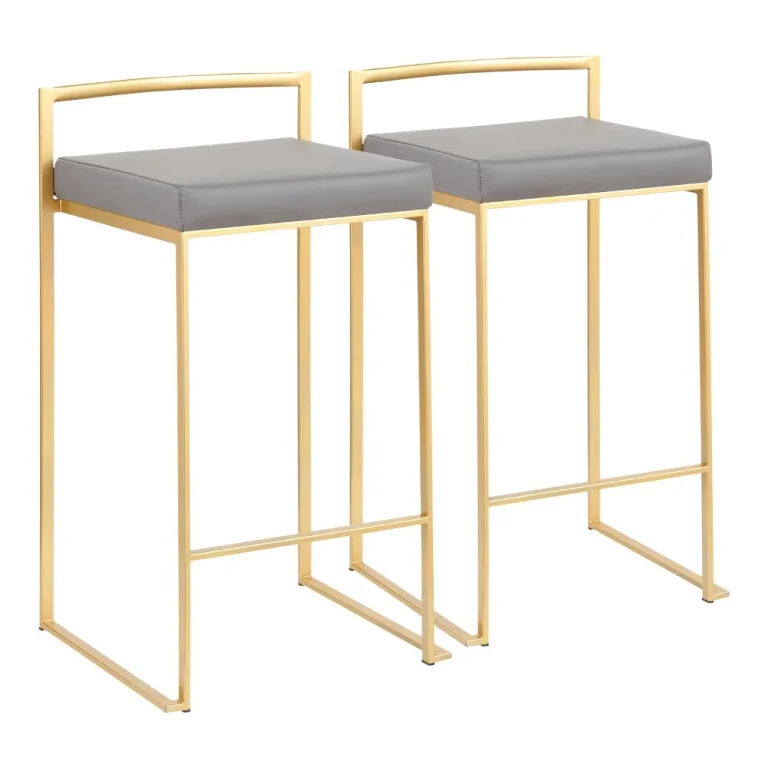 Fuji Low Back Gold & Gray Faux Leather Counter Stools, Set of 2