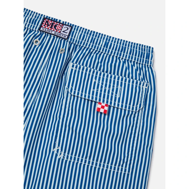 Mc2 Saint Barth Syros Jr Swim Shorts Thin Striped With St. Barth Embroidery Blue Swimshort