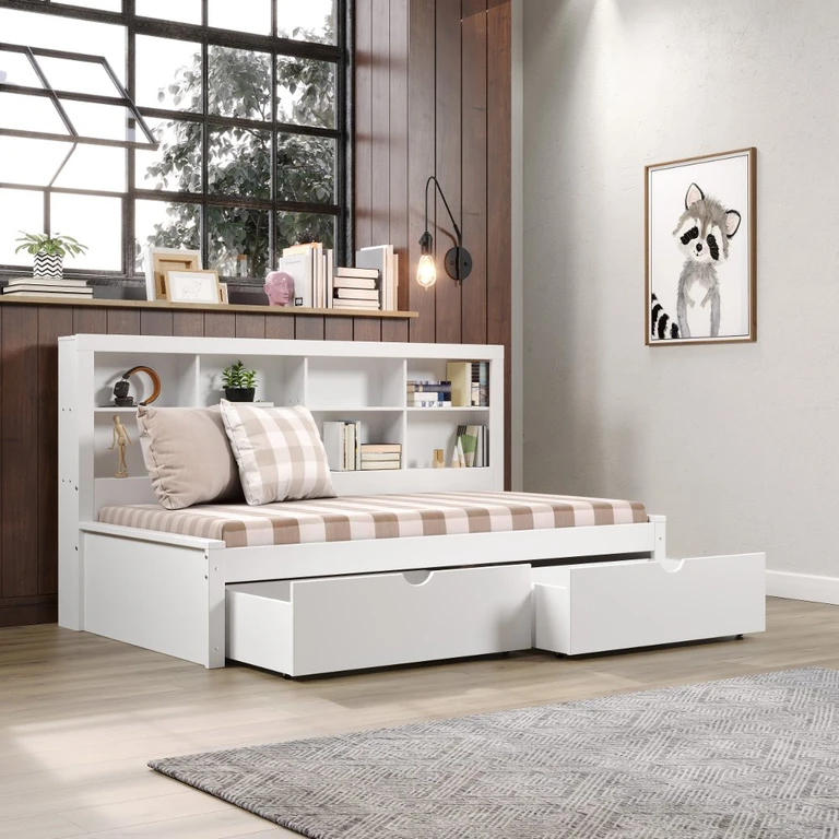 White Twin Bookcase Daybed with Storage Drawers