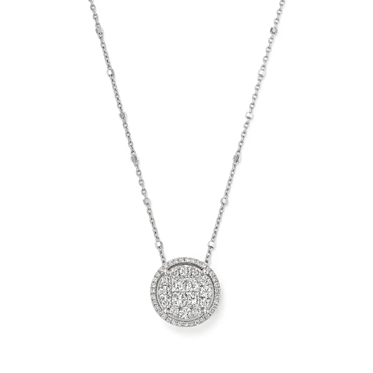 Round and Princess-Cut Diamond Cluster Pendant Satellite Necklace in 14K White Gold, 1.0 tcw