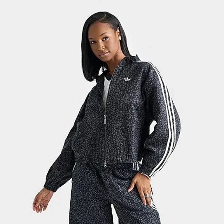 adidas Women's Originals Allover Print Firebird Oversized Track Jacket in Black/Grey Six Size: XS