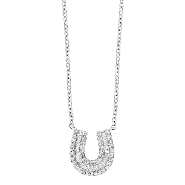 Diamond Baguette Horseshoe Pendant Necklace in 14K White Gold, 0.33 tcw