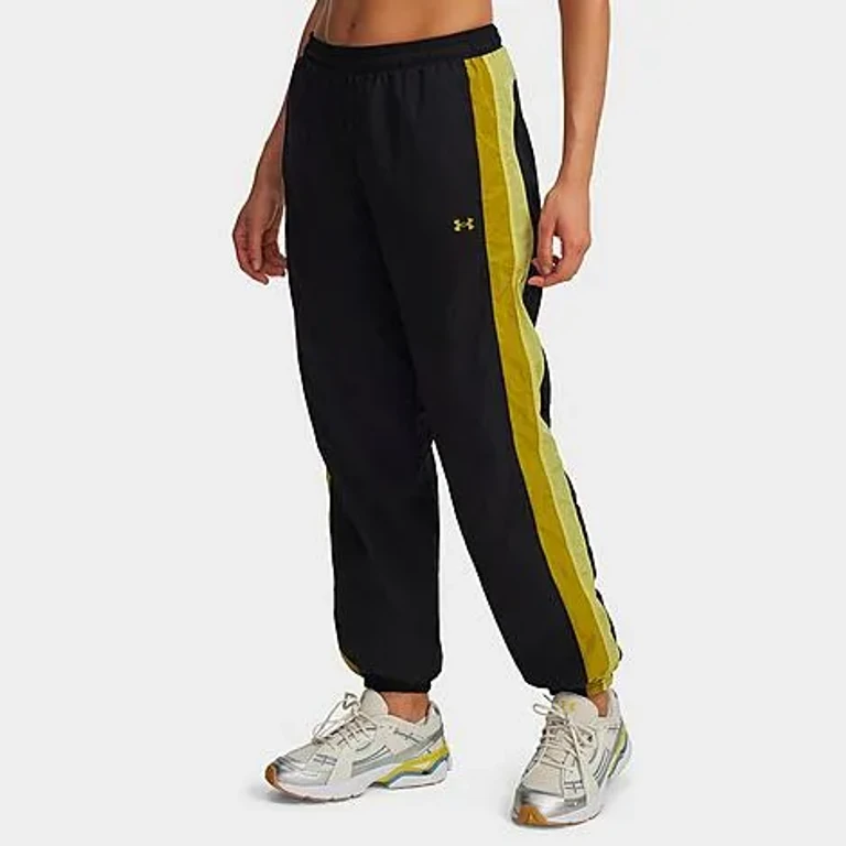 Under Armour Women's Icon Crinkle Woven Pants in Black/Yellow Shade/Green Legacy Size: XS