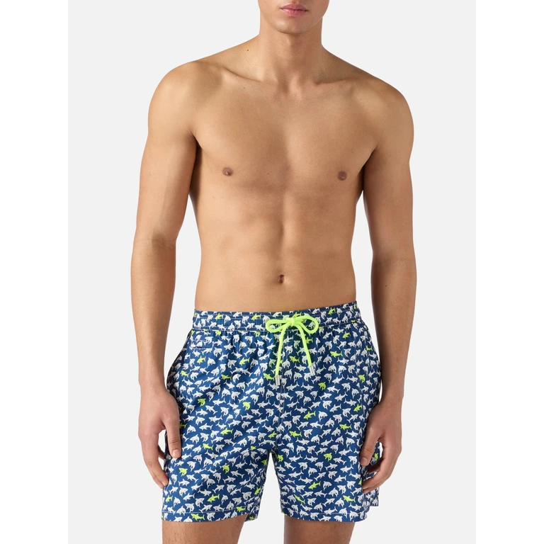 Mc2 Saint Barth Navy Blue Lighting Micro Swim Shorts With All-Over Shark Print Swimshort - Men