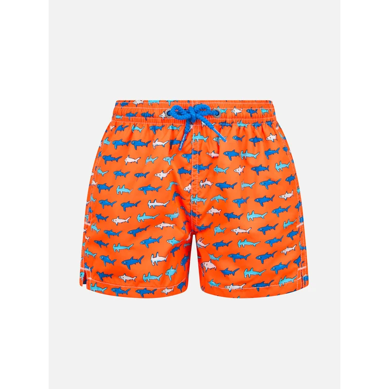 Mc2 Saint Barth Boy Lightweight Fabric Swim-Shorts Jean Lighting With Sharks Print Orange Swimshort