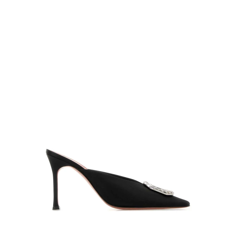 Amina Muaddi Black Satin Camelia Mules